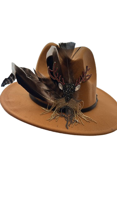 Crystal deer and feathers hat