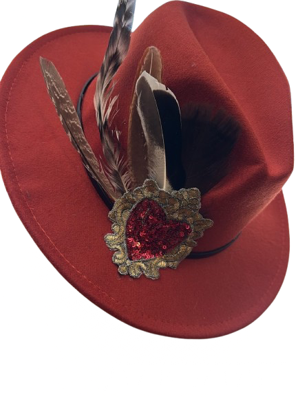 HAT Deep red felt + feather plume + sequin sacred heart