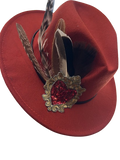 HAT Deep red felt + feather plume + sequin sacred heart