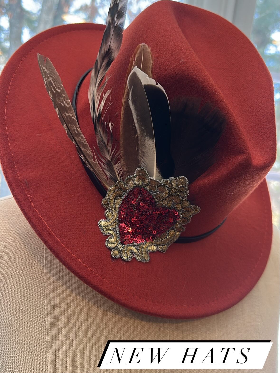 HAT Deep red felt + feather plume + sequin sacred heart