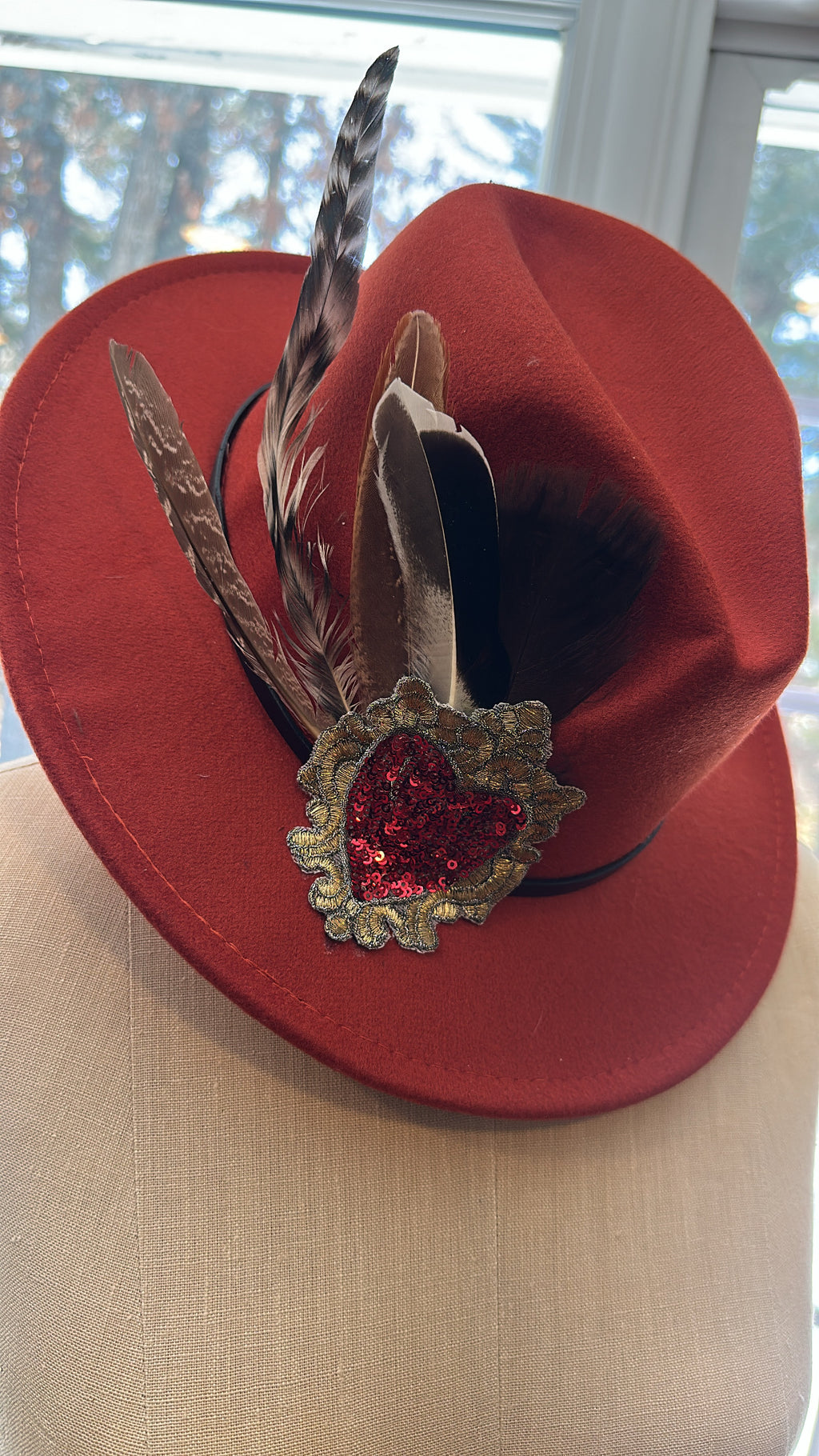 HAT Deep red felt + feather plume + sequin sacred heart