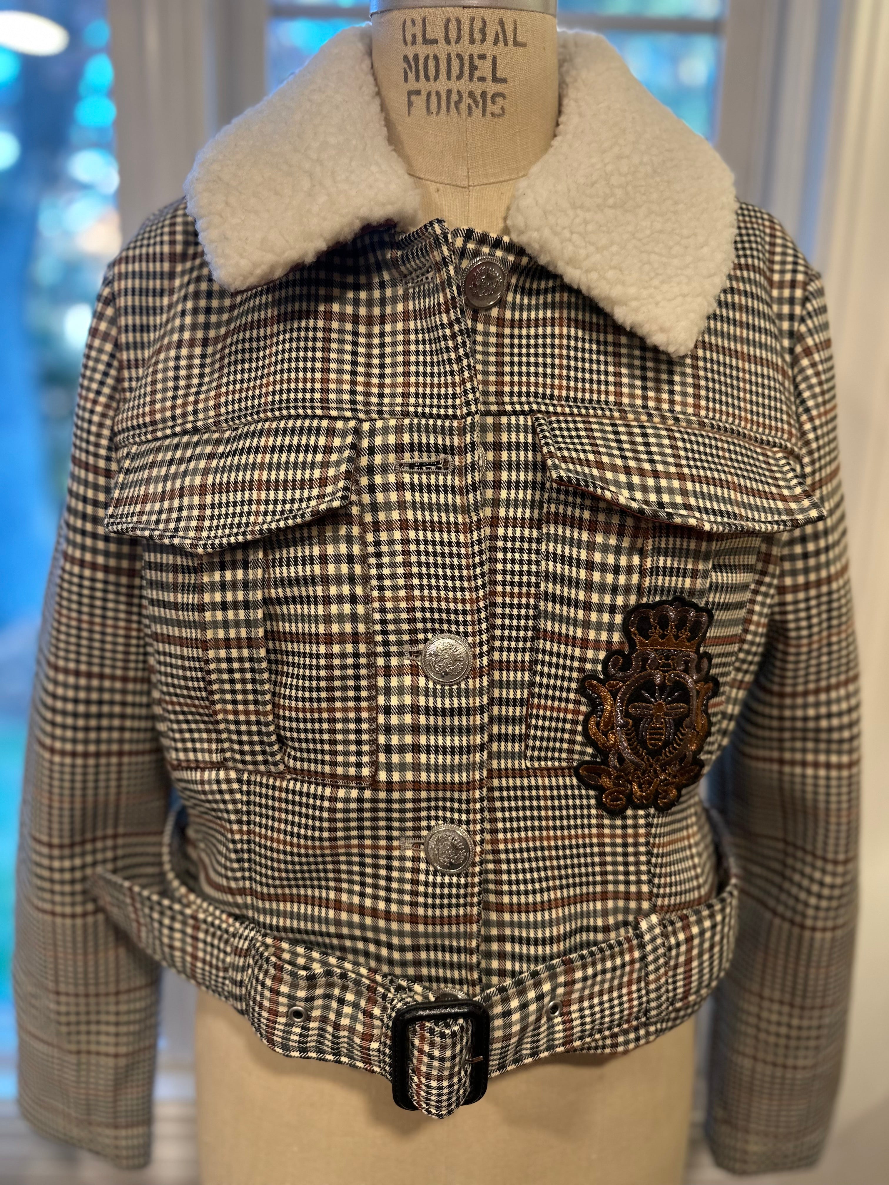 Statement Plaid Cropped Jacket with Embellished Skull