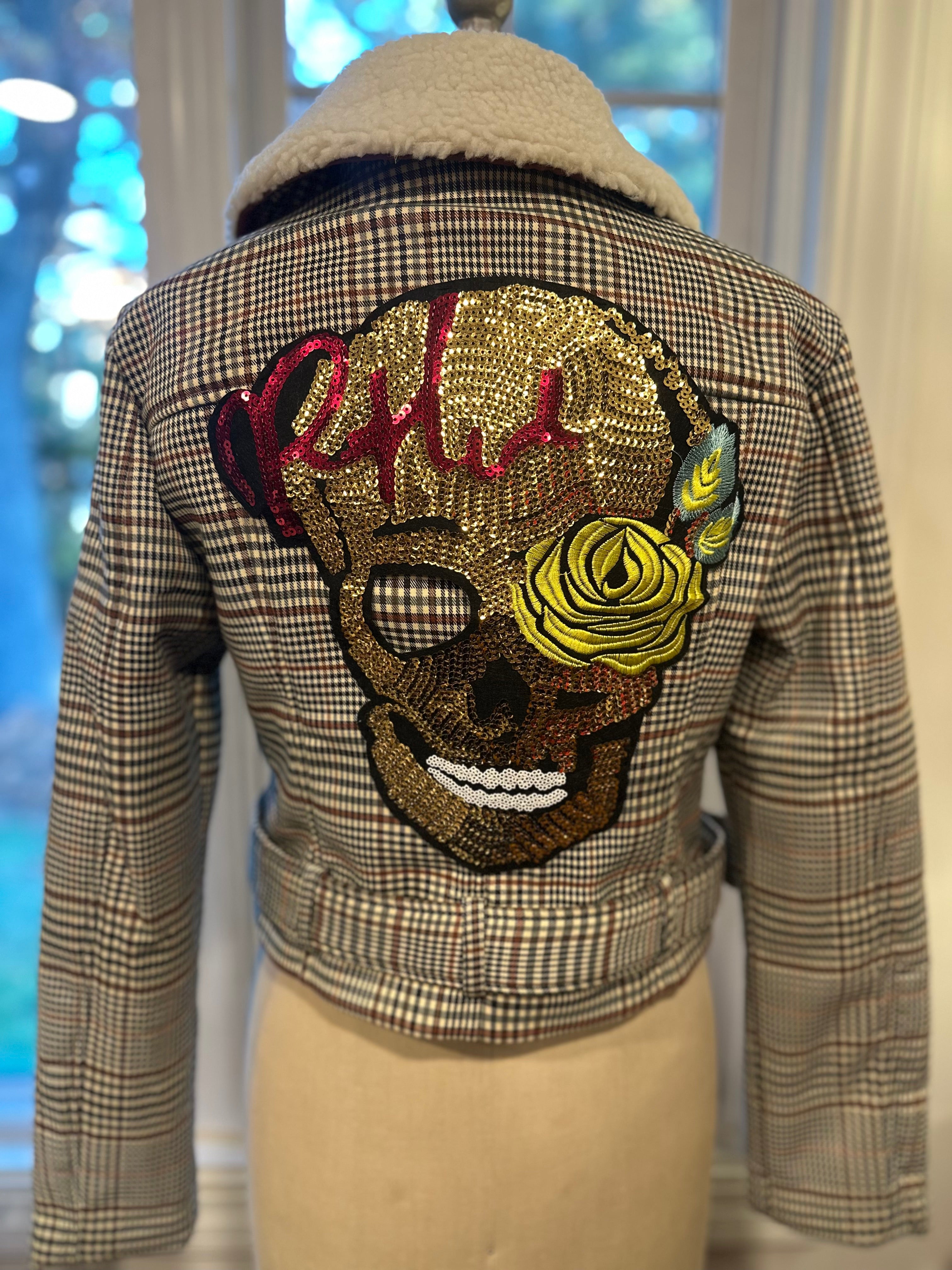 Statement Plaid Cropped Jacket with Embellished Skull