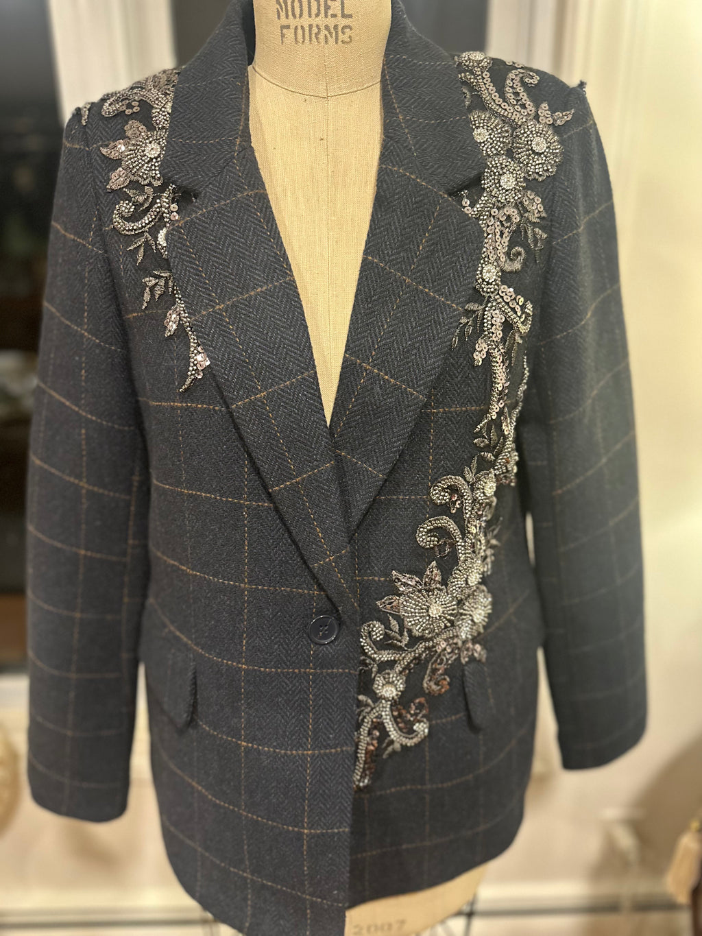 RACHEL ZOE Embellished Blazer Classic charcoal windowpane tailoring