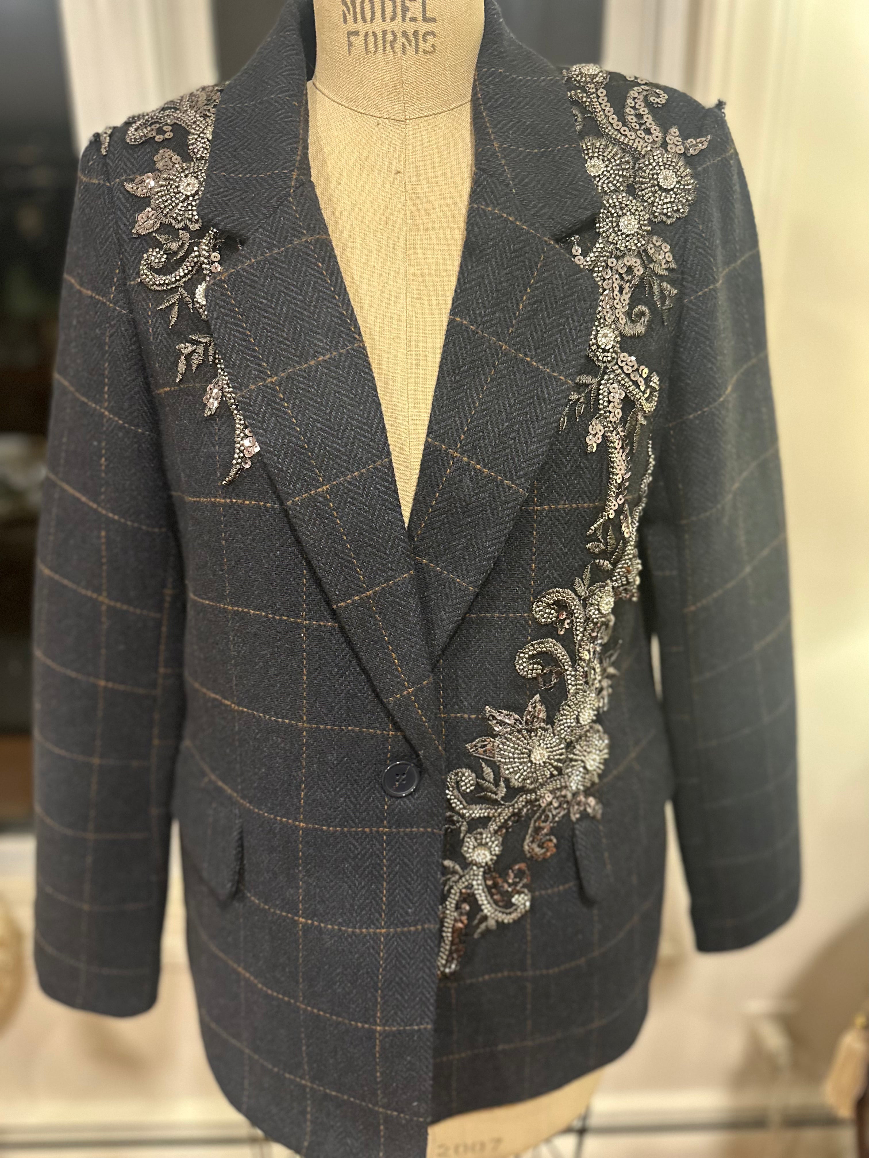 RACHEL ZOE Embellished Blazer Classic charcoal windowpane tailoring