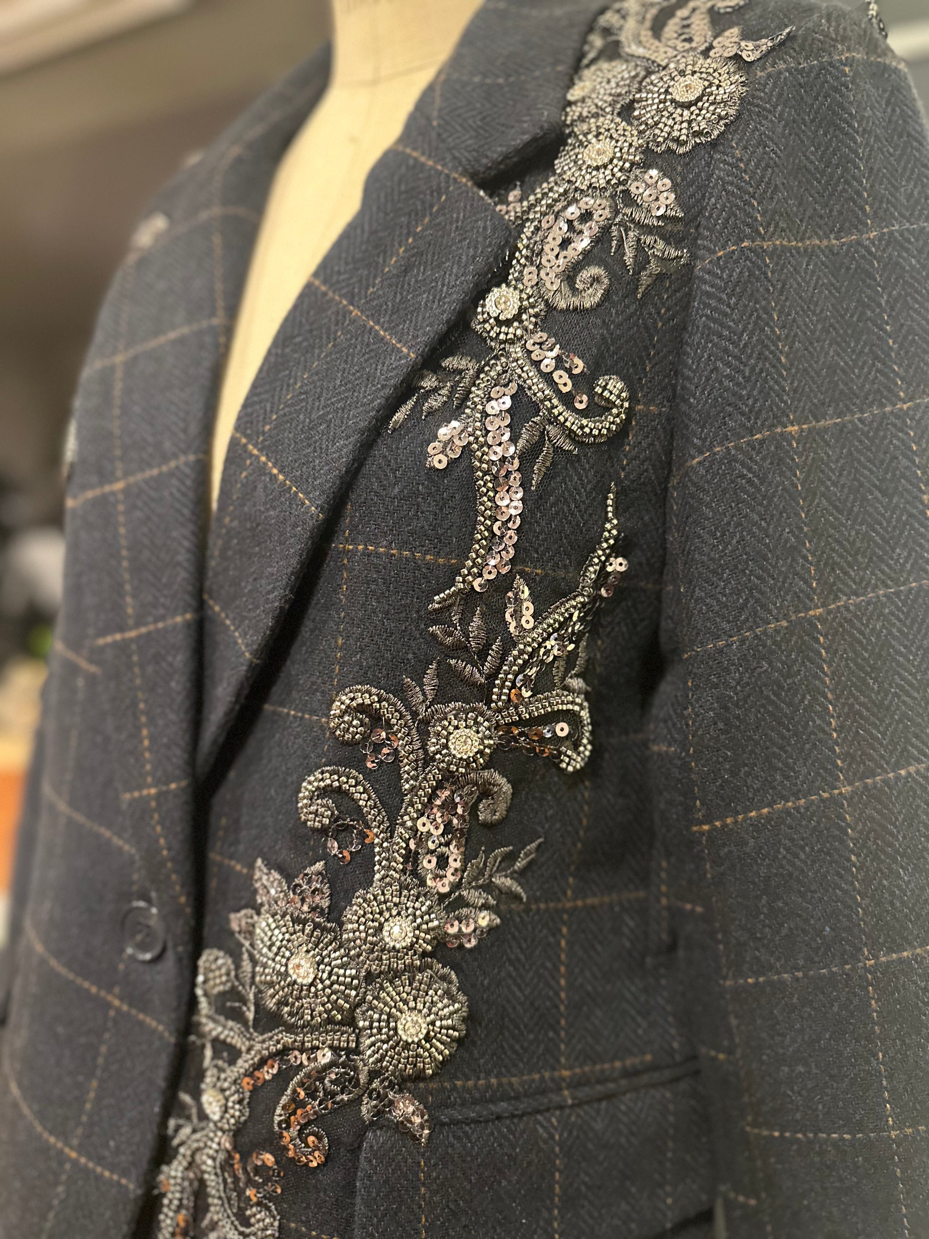 RACHEL ZOE Embellished Blazer Classic charcoal windowpane tailoring